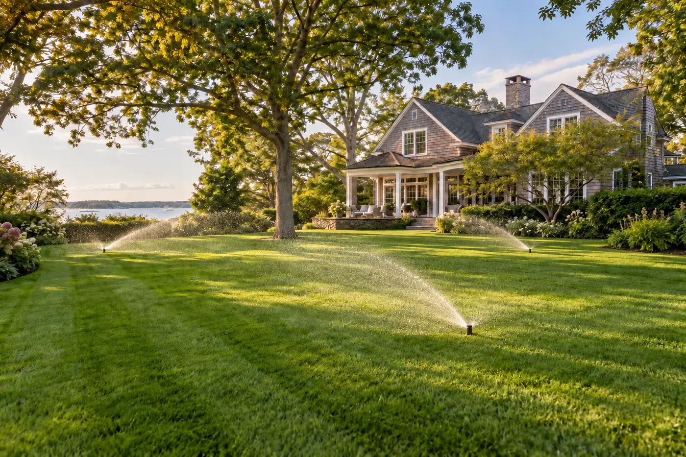 Operating sprinklers watering a green lawn beside a coastal-style home